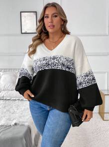 SHEIN LUNE Pull ample décontracté à col en V, manches longues, dégradé noir et blanc contrastant, tenue décontractée femme, tenue de vacances, hauts de campagne