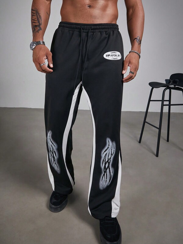 Manfinity Roughcore Plus Size Men's Letter Print Drawstring Waist Straight Loose Casual Sweatpants