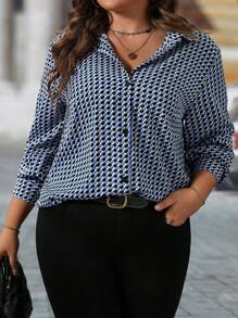 SHEIN Clasi 大码女式春夏几何印花长袖宽松休闲衬衫、工作服 - 藍色 - 查看 1