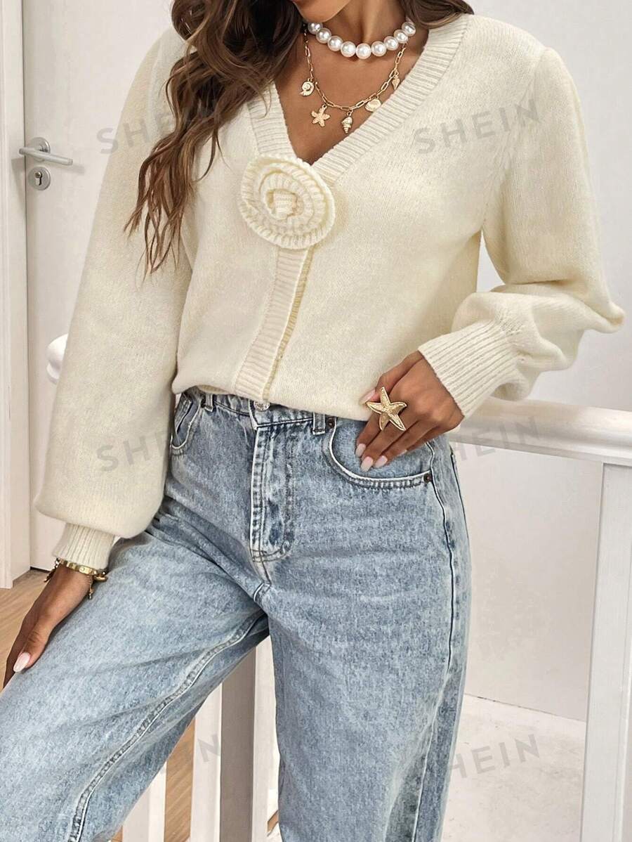 SHEIN Frenchy Cárdigan casual de manga larga con decoración floral 3D de unicolor, otoño/invierno para mujer - Albaricoque - Ver 1