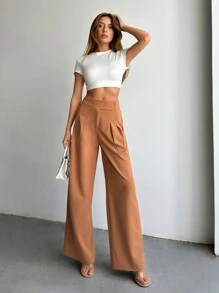 SHEIN PETITE 小码女式纯棉高腰褶饰直筒裤 - 米色 - 查看 4