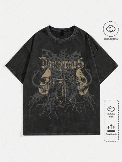 Goth T-shirt décontracté à manches courtes avec graphique de crâne et lettres pour hommes, style école années 2000