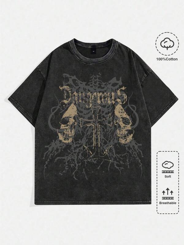 ROMWE MEN Goth Tricou casual cu mânecă scurtă cu imprimeu cu litere cu craniu de vară pentru bărbați, școală