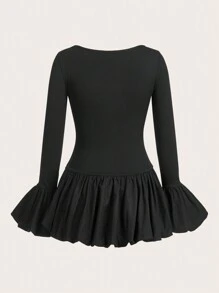SHEIN EZwear ชุดมินิแขนระบาย สีพื้น สง่างาม สำหรับฤดูใบไม้ผลิ/ใบไม้ร่วง - สีดำ - ดู 2