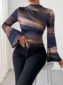 Calvaya Tie-Dye Print Asymmetric Pleated Collar Flared Sleeve T-Shirt Graphic Tees Women Tops