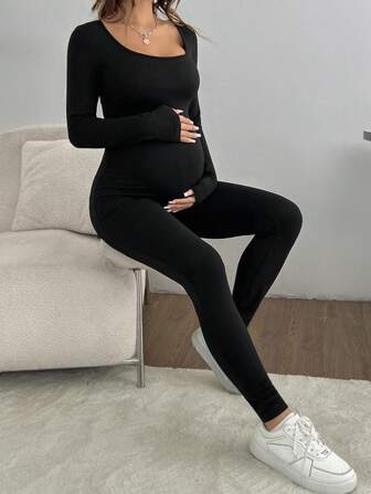 SHEIN Mono estilizado de manga larga de unicolor para mujeres embarazadas, para usar a diario de forma casual