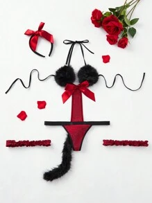 4 件套性感小猫图案闪亮毛绒女式内衣服装 - 彩色 - 查看 5