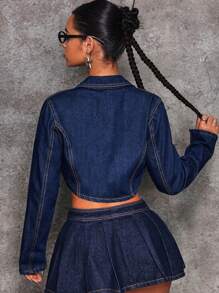 SHEIN ICON Women's Spring Autumn Casual Drawstring Cropped Denim Jacket - Blue - View 2