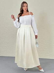SHEIN Privé Saia longa plissada em linha A de cintura alta e cetim preto de Plus Size com bolsos, cintura elástica, regresso às aulas no outono - Damasco - Visão 7