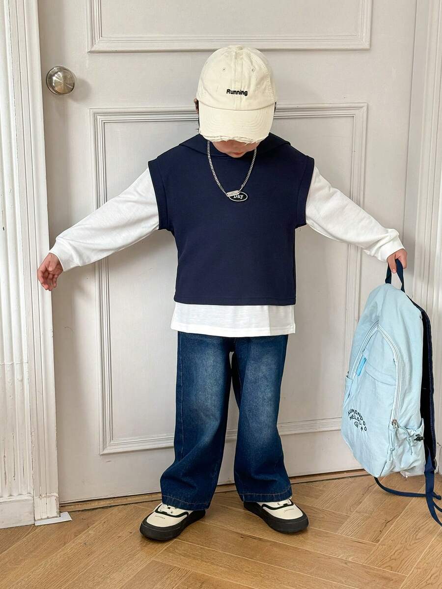 SHEIN 2pcs/Set Young Boy Casual Versatile Letter Print 2 In 1 Sweatshirt And Jeans Set, Suitable For Outdoor, Streetwear And School Wear - Blue - View 1