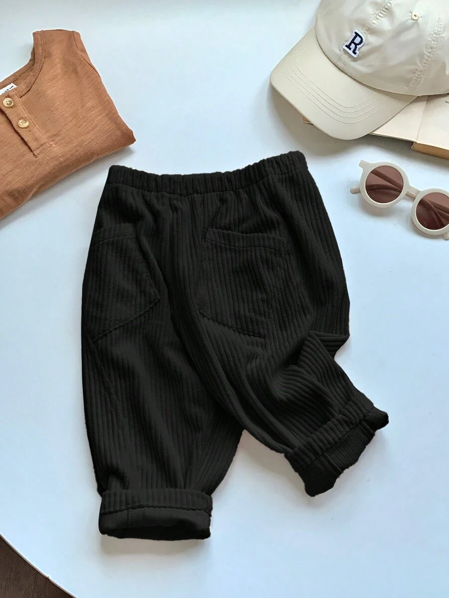 SHEIN Leap Crew Quần vải gân rộng rãi thoải mái cho bé trai và bé gái, phù hợp cho mùa xuân, hè và thu, mặc hàng ngày và đi học - màu đen - Xem 1