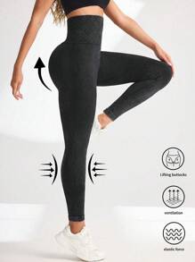 SHEIN Sports 纯色高腰无缝运动紧身裤 - 黑色 - 查看 4