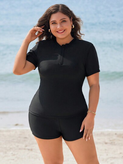 Swim SPRTY Plus Size Solid Color Front Zipper Short Sleeve Rash Guard, Casual Daily Wear Summer