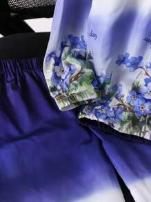 2pcs/Set Young Girl Autumn Winter Fashion Floral Print Blue White Gradient Tie Dye Hooded Cardigan Jacket & Loose Fit Long Sports Pants - Purple - View 5