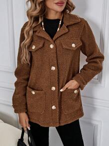 EMERY ROSE Women's Solid Color Button Front Long Sleeve Faux Pocket Casual Jacket Winter Women Coat - Brown - View 6