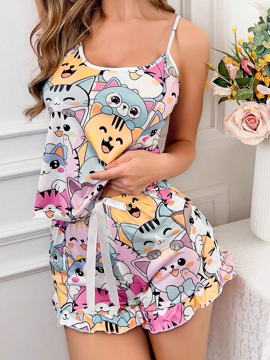 SHEIN 女士可爱猫咪印花吊带背心和短裤睡衣睡衣套装 - 彩色 - 查看 1