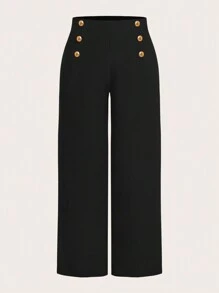 Firerie Plus Size Elegant Minimalist Double-Breasted Decorative Wide Leg Trousers For Women, Summer