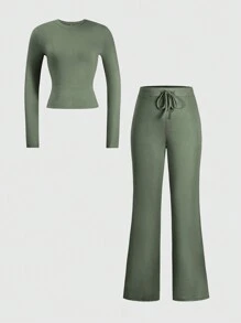 GAOVOT Women's Two Pieces Spring And Summer Y2K Sporty Gym Casual Home Solid Color Fitted Long-Sleeved T-Shirt And Drawstring Long Pants Set - Army Green - View 9
