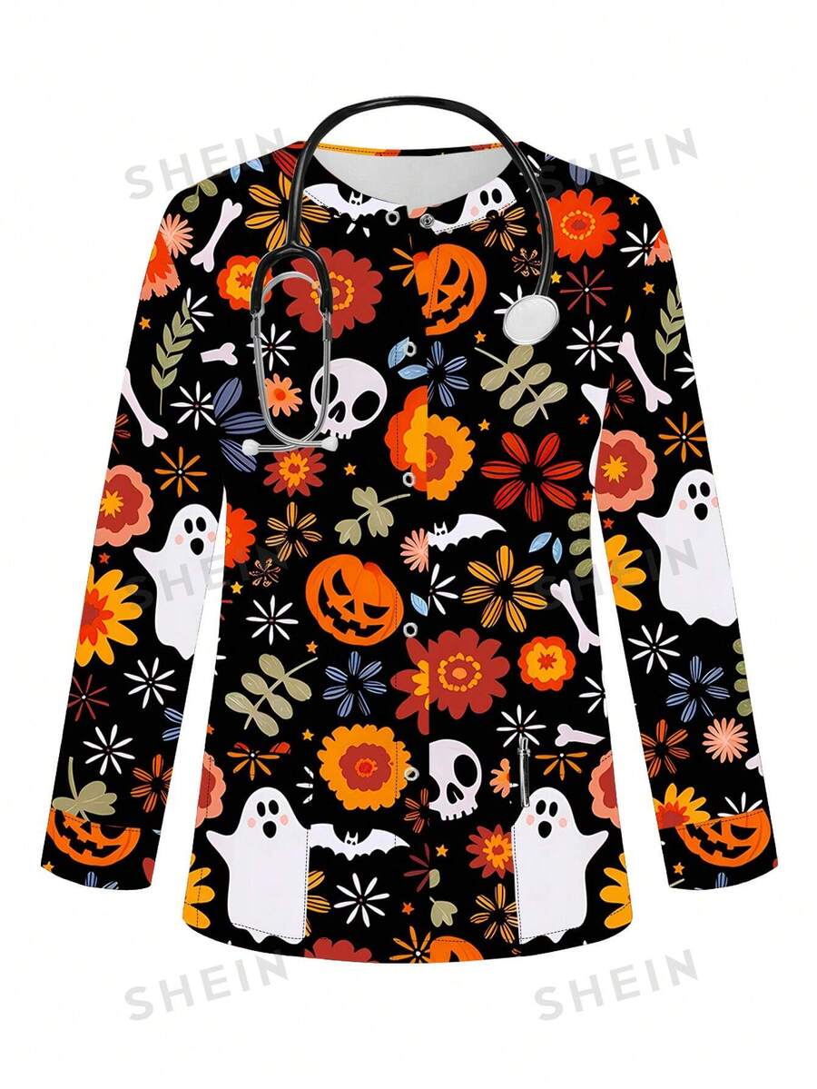 SHEIN TaskFit Women Front Button Long Sleeve Allover Print Uniform