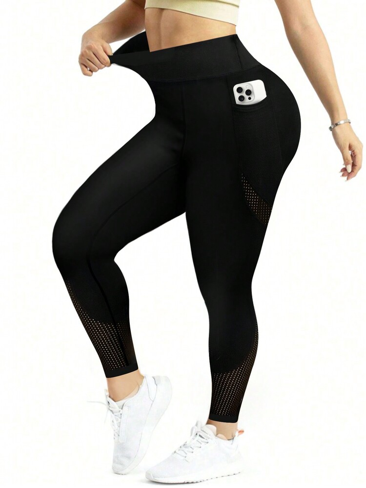 Easithlete 大码女式高腰纯色口袋运动瑜伽裤 - 黑色 - 查看 3