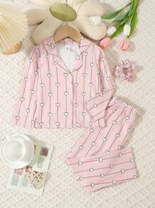 2 pièces/set Ensemble casual de vêtement de maison avec cardigan col à cœur imprimé et pantalon confortable pour jeune fille, printemps et automne - Multicolore - Voir 1