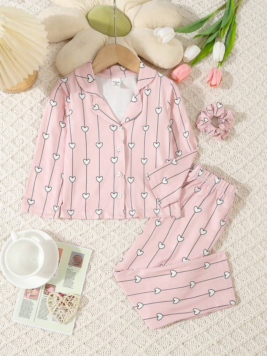 2 pièces/set Ensemble casual de vêtement de maison avec cardigan col à cœur imprimé et pantalon confortable pour jeune fille, printemps et automne - Multicolore - Voir 1