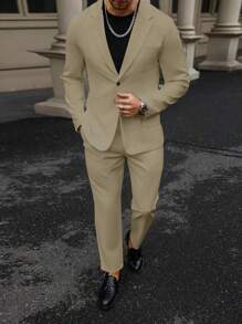Manfinity Mode 男士纯色长袖西装外套和口袋长裤套装 - 卡其色 - 查看 5