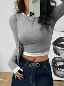 SHEIN EZwear 女士秋冬休闲拼色褶饰长袖 T 恤