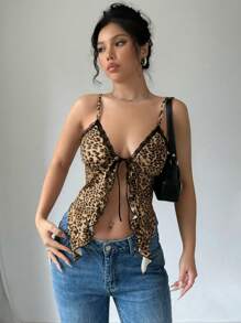 SHEIN Unity 女士时尚蕾丝边系带豹纹荷叶边吊带背心 - 彩色 - 查看 5