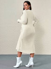 SHEIN Privé Plus Size Women's Solid Color Round Neck Long Sleeve Drawstring Casual Sweater Dress - Apricot - View 2