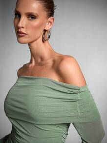 SHEIN BAE Women'sGreen Knitted Mesh Off-Shoulder Ribbon Detail Autumn Long Sleeve Dress,Fairy Core Dress,Elegant Women Dresses