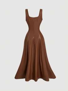 SHEIN MOD 方领皮革复古伞形长裙，秋季连衣裙，连衣裙，连衣裙，返校节连衣裙，女士连衣裙 - 棕色 - 查看 2