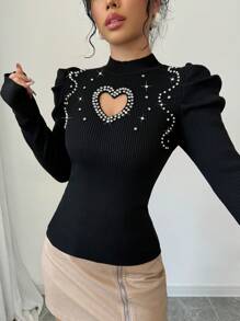 Selianne 新款V领时尚女式水钻镂空爱心长袖修身性感毛衣，长袖上衣，针织套头衫，秋冬款 - 黑色 - 查看 6