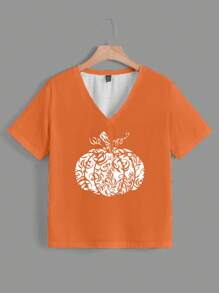 SHEIN LUNE 南瓜万圣节图案印花女士 V 领 T 恤，适合夏季 - 橘色 - 查看 3
