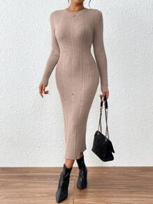 SHEIN Clasi Women's Slim Fit Ribbed Hole Long Sweater Dressbusiness Casual Woman,Work Wear,Fall Wedding Guest Dress, - Khaki - View 4
