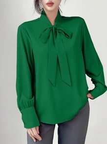 EMERY ROSE Blusa suelta y cómoda de manga larga con puños con lazo para mujeres