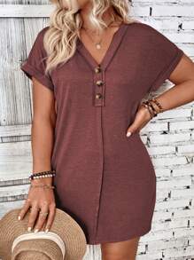 INAWLY Vestido casual suelto de color liso con escote en V y manga corta, diseño con botones, color borgoña, para mujeres de talla grande