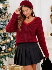 SHEIN Essnce Áo len cổ chữ V màu đỏ tía & áo len dệt kim cỡ lớn có họa tiết tương phản dành cho nữ mùa thu và đông - Nhiều màu - Xem 7