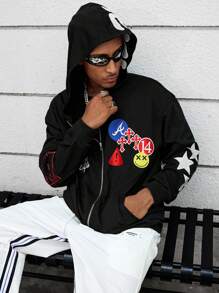 Manfinity EMRG 男士拉链前字母印花简约休闲连帽衫，黑色街头圆领运动衫 - 黑色 - 查看 3