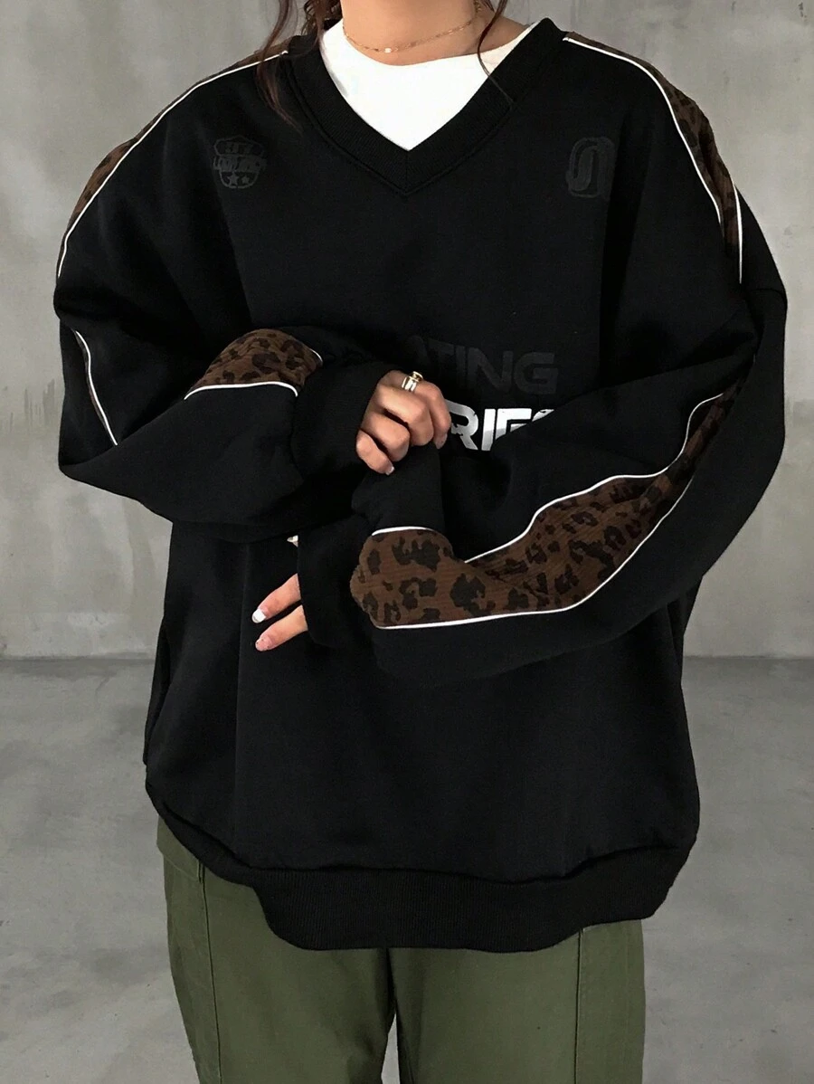 FRIFUL Women's Autumn & Winter Loose Fit V-Neck Drop Shoulder Leopard Print Patchwork Sweatshirt,Three Quarter Sleeve Tops - Black - View 1