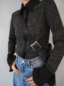 FRIFUL Women's Spring Autumn Ribbed Long Sleeve Buttoned Form-Fitting Contrast Color T-Shirt