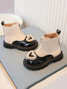 时尚女孩厚底心形靴，冬季儿童冬鞋，大童中筒皮靴 - 米色 - 查看 3