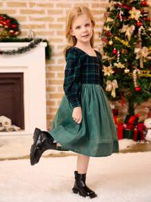Young Girl Plaid Print Square Neck Long Sleeve Dress - Dark Green - View 3