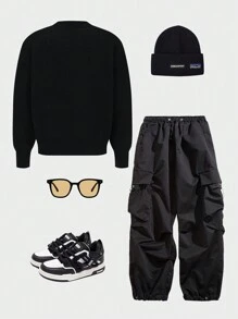 青少年男孩字母圆领针织毛衣，长袖简约套头衫 - 黑色 - 查看 2