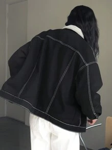 Dazy-Less 女式前扣长袖休闲保暖牛仔夹克 Old Money 风格，保暖内衬秋冬 - 黑色 - 查看 5