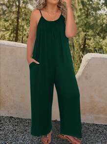 SHEIN LUNE Mono de talla grande de un solo color con tirantes de espagueti y bolsillo, uso diario casual - Verde Oscuro - Ver 1