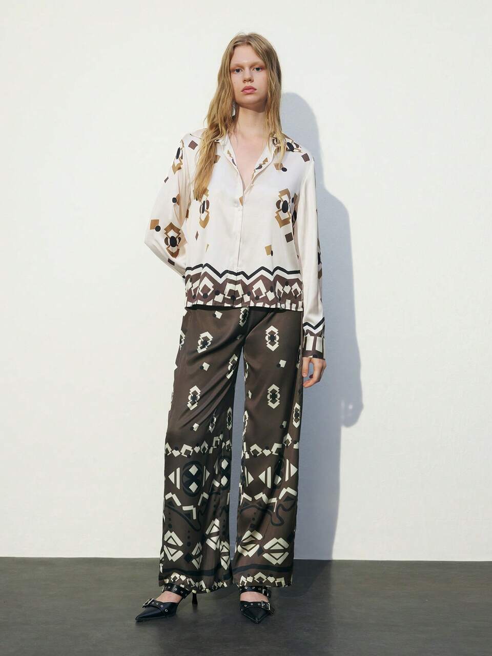 SHEIN Maija Pantalones elegantes, holgados y de pierna ancha con estampado geométrico para mujeres en otoño
