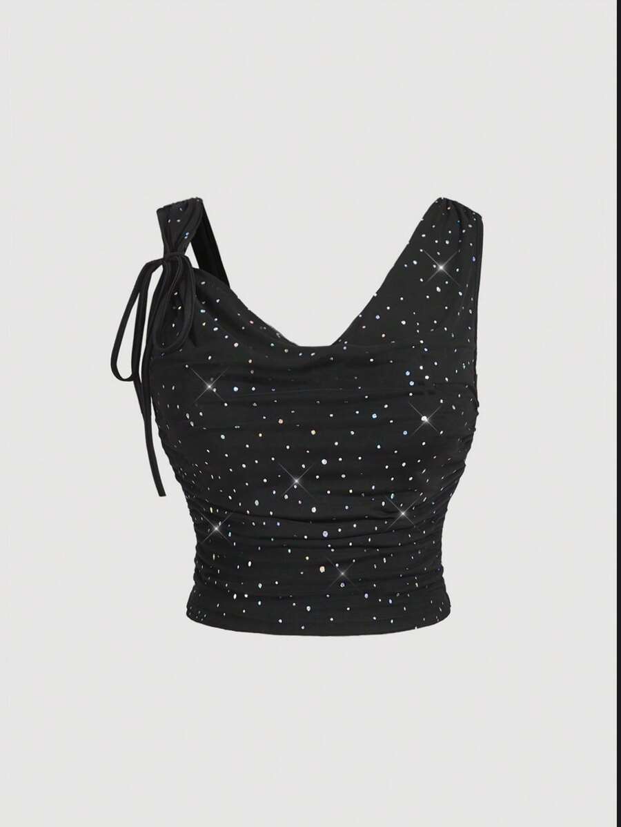 SHEIN MOD 大码女式网眼亮片系带蝴蝶结露背吊带背心上衣 - 黑色 - 查看 1