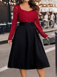 Rometta Plus Size High-End 2 In 1 Lace Long Sleeve Slim Fit Flared Hem Elegant Dress For Women, Autumn&Winter, For Thanksgiving Burgundy Women Outfit Fall Cloth For Women - Burgundy - View 6