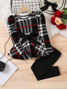 Young Girl Casual Streetwear Knit Graphic Print Crew Neck Long Sleeve Top And Solid Color Knit Leggings, Fall(9)/Winter(2), Black, White, Red, For Christmas - Black - View 1